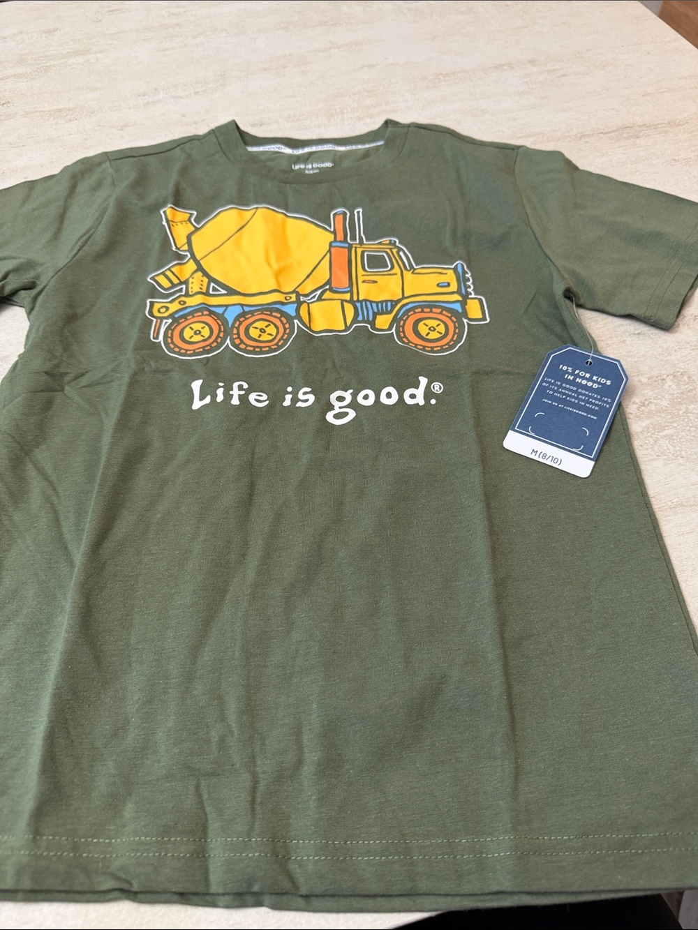 Life Is Good Olive Green Tee with Yellow Cement Truck